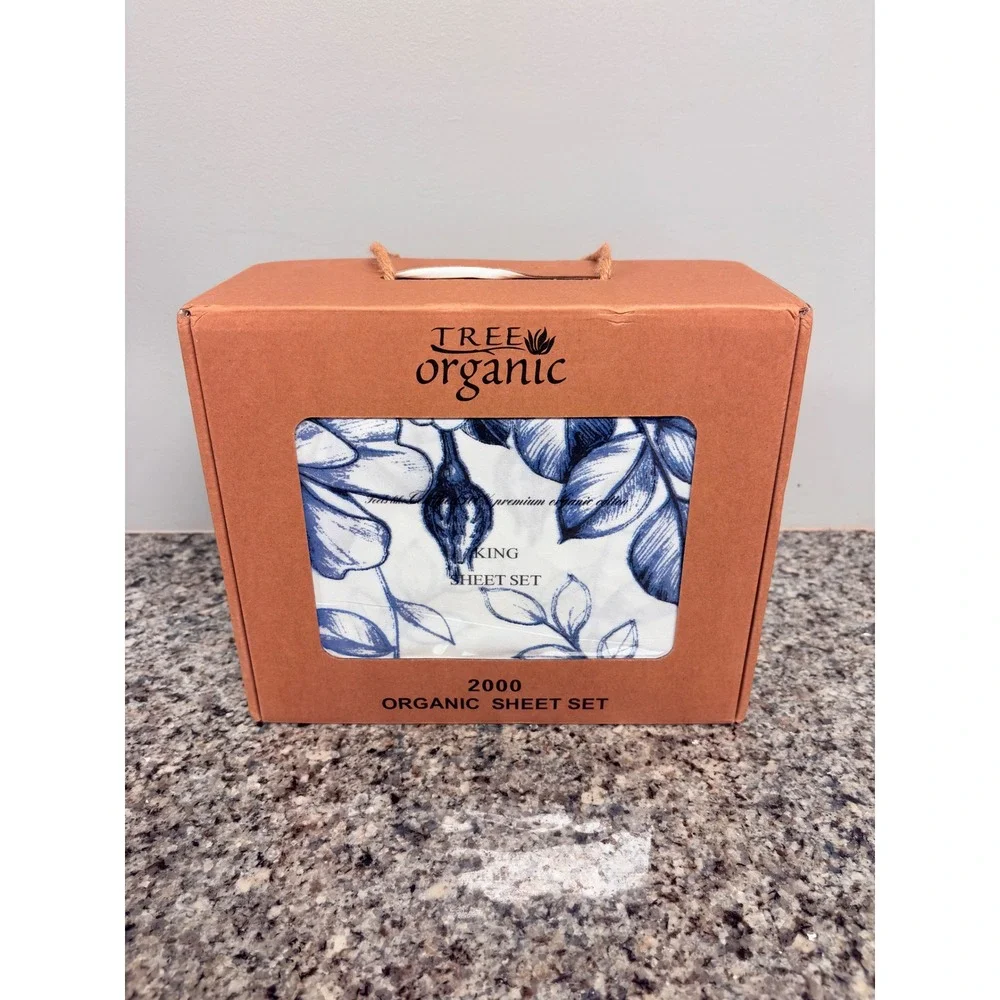 100% Organic Cotton Cottagecore Floral Sheet Set Sealed King Blue White Granny
